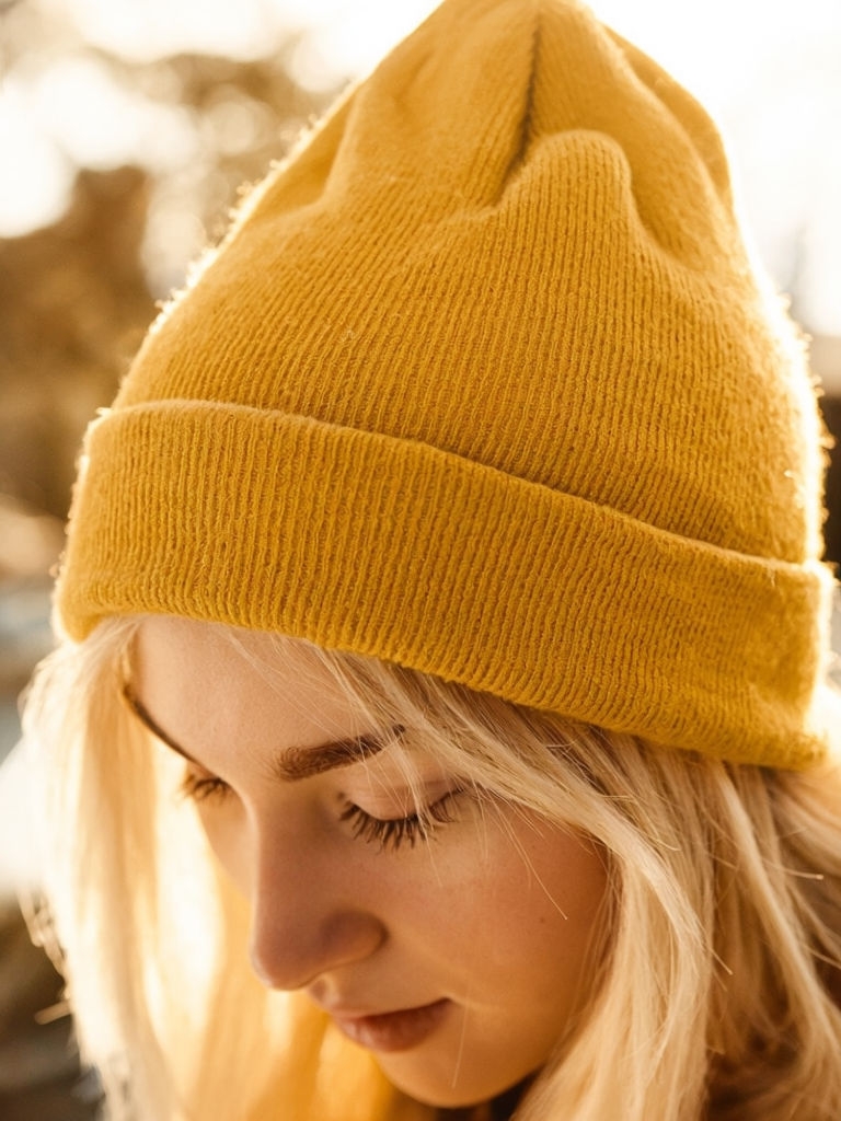 Cozy Mustard Beanie Close-Up Lifestyle Photography Mockup