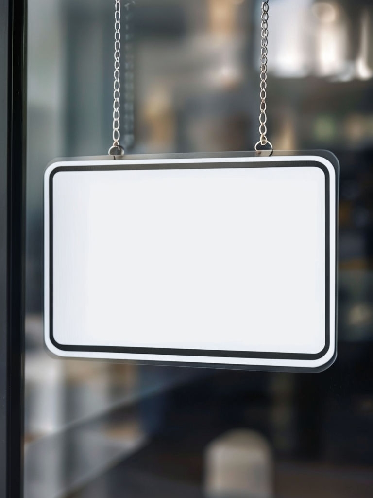 Blank Rectangular Sign on Glass Door Awaiting Customers Mockup