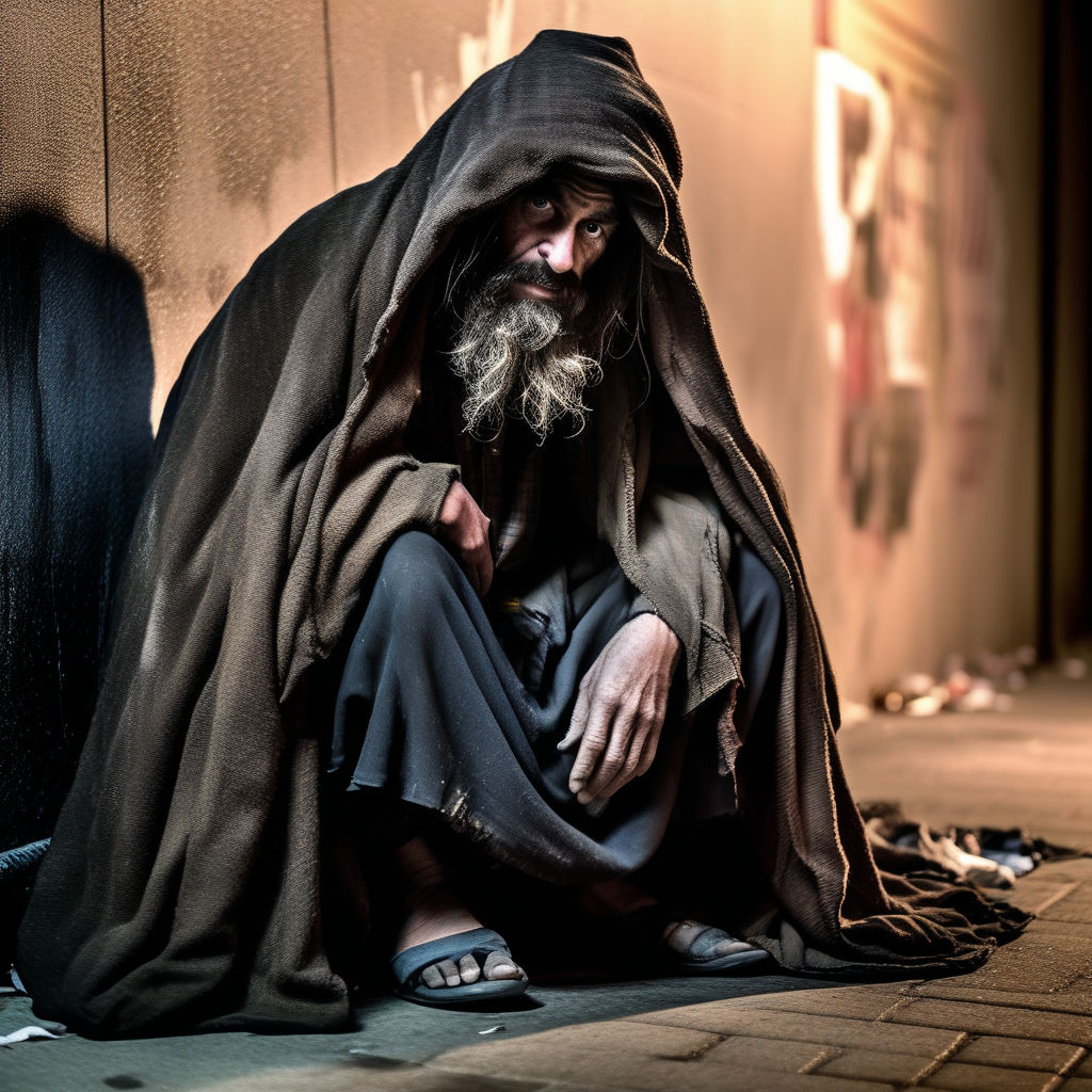 The king of beggars. Homeless. Night. Covered face. Dramatic... by ...