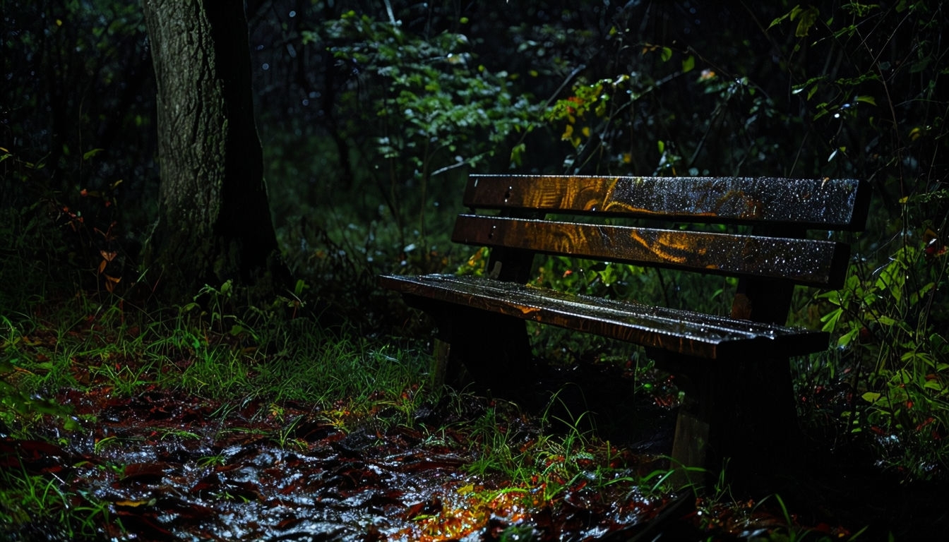 Serene Nighttime Forest Bench Scene with Glowing Vegetation Virtual Background