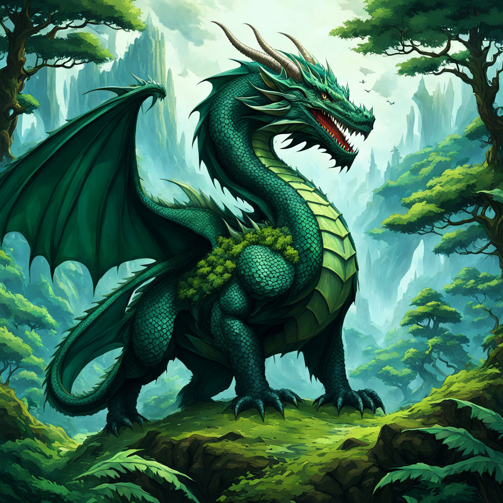 Dragon covered in forest towering over a continent simplifie... by Song ...