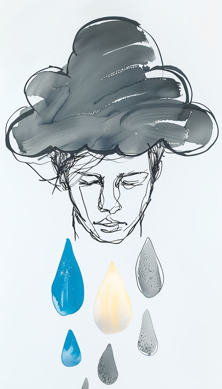 Thoughtful Figure with Rain Cloud and Textured Raindrops Art
