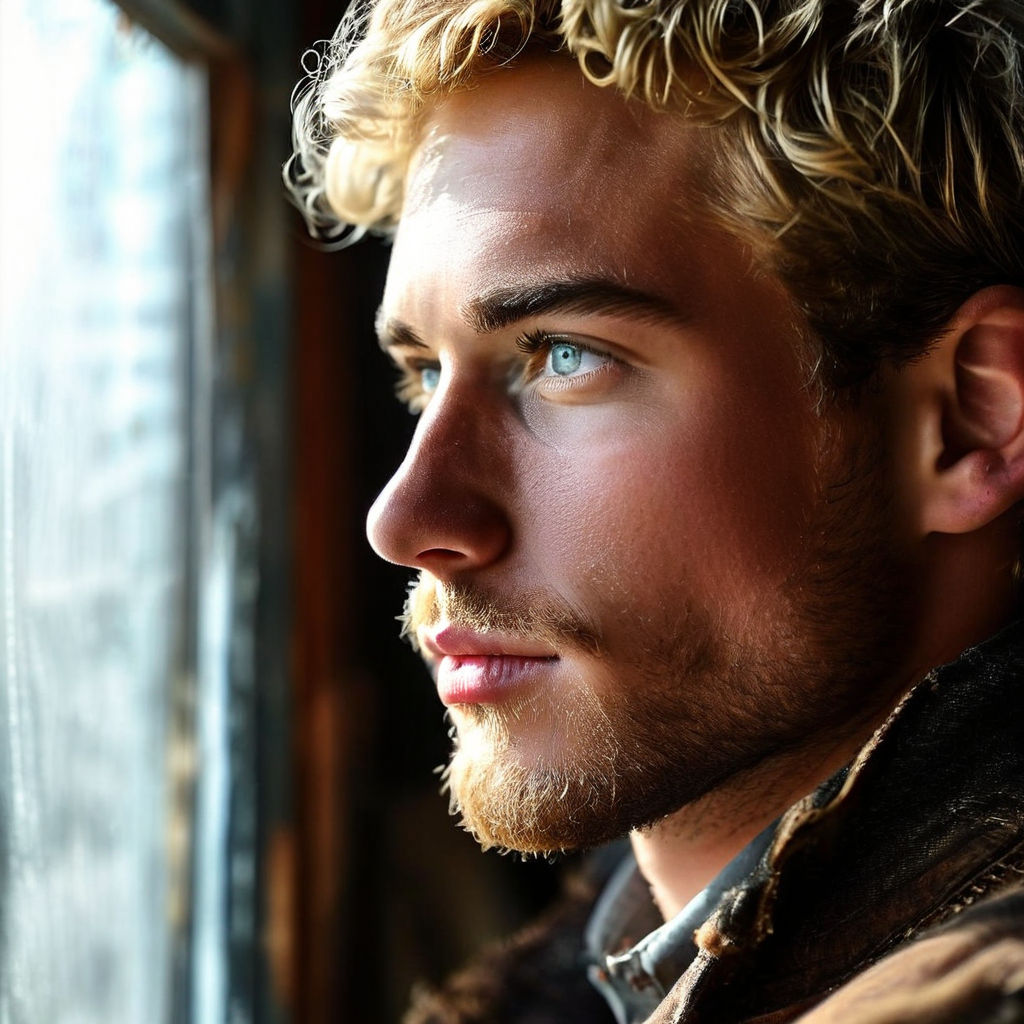 a handsome blond curly guy with blue eyes