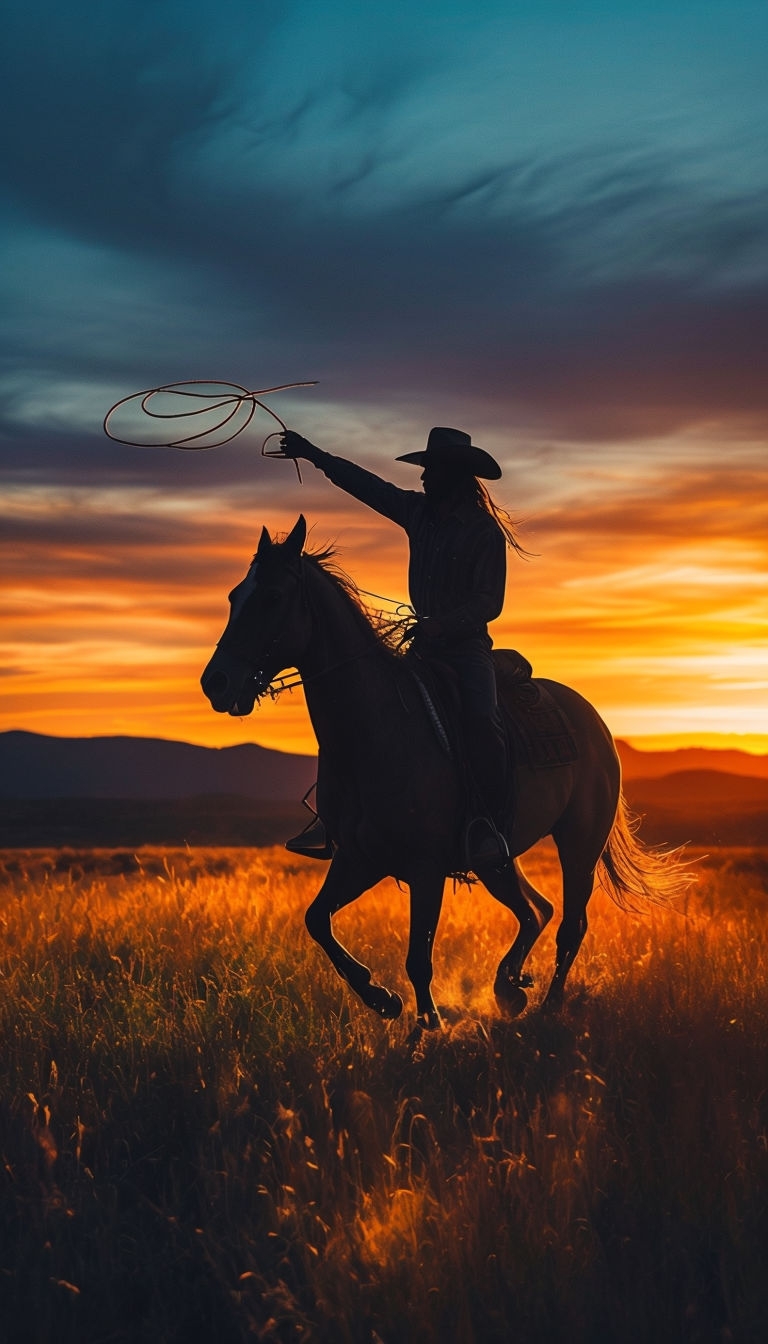 Dynamic Horse Rider Silhouette at Sunset Mobile Wallpaper