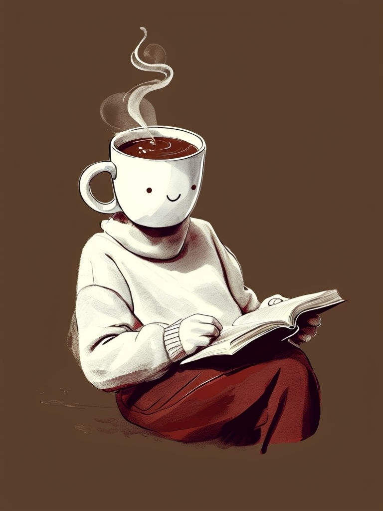 Cozy Character with Hot Chocolate Head and Open Book Illustration Art
