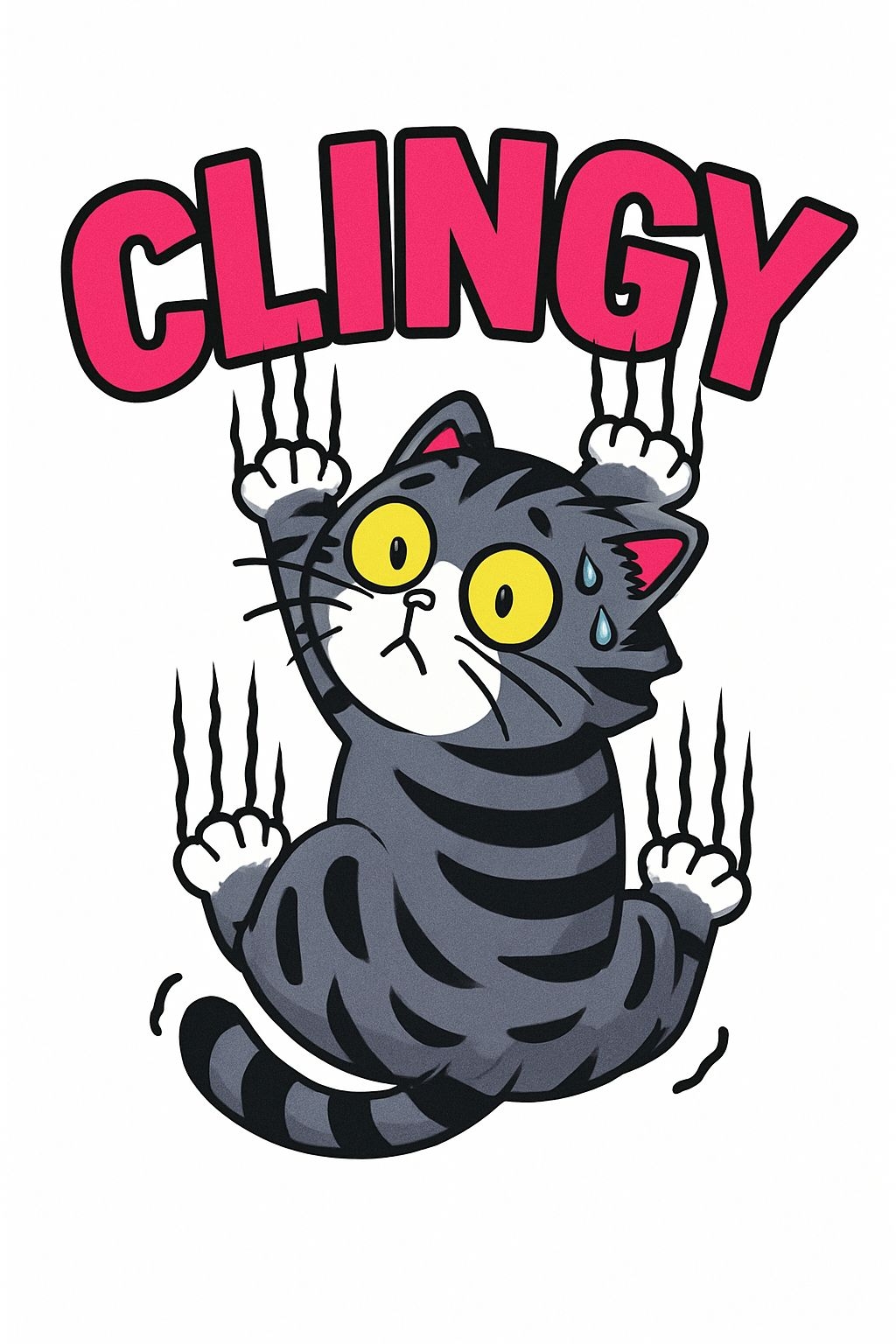Clingy Cartoon Gray Tabby Cat with Expressive Eyes T-Shirt