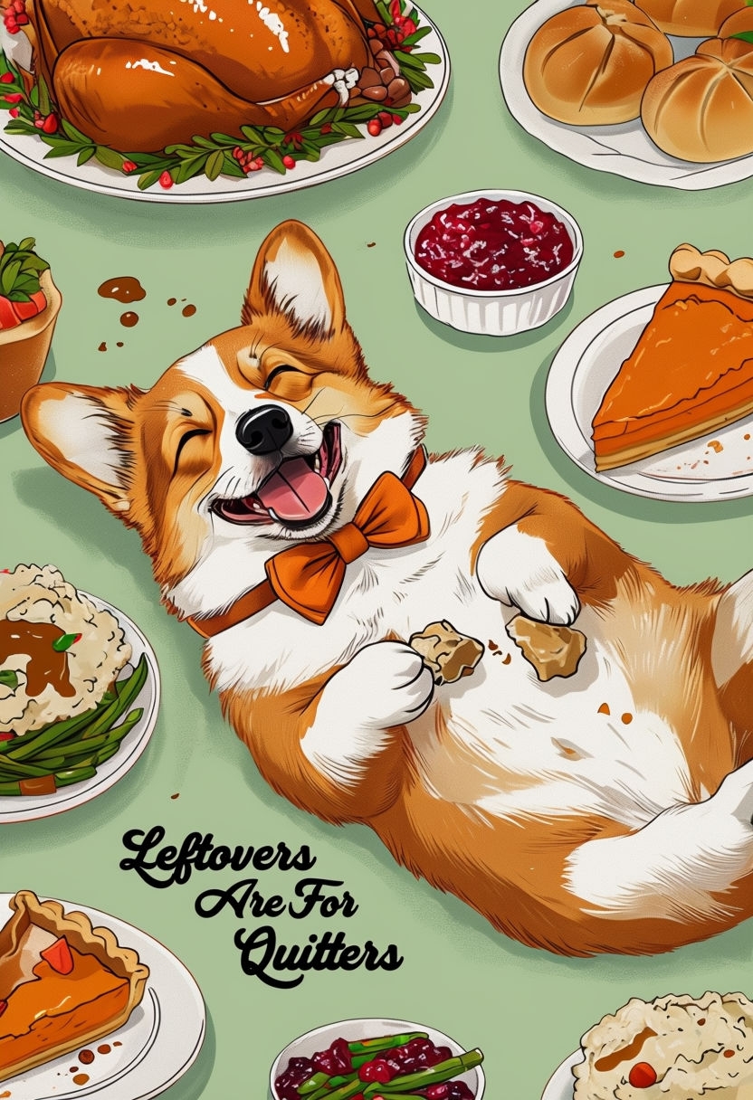 Joyful Corgi with Thanksgiving Leftovers Illustration Poster