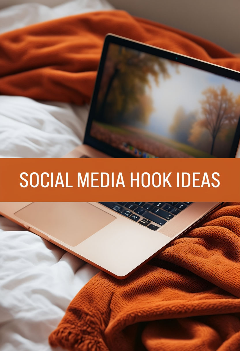 Cozy Fall Vibes with MacBook and Social Media Hook Ideas Poster