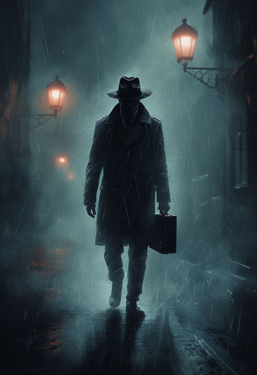 Mysterious Silhouetted Figure Walking in Rainy Night Poster