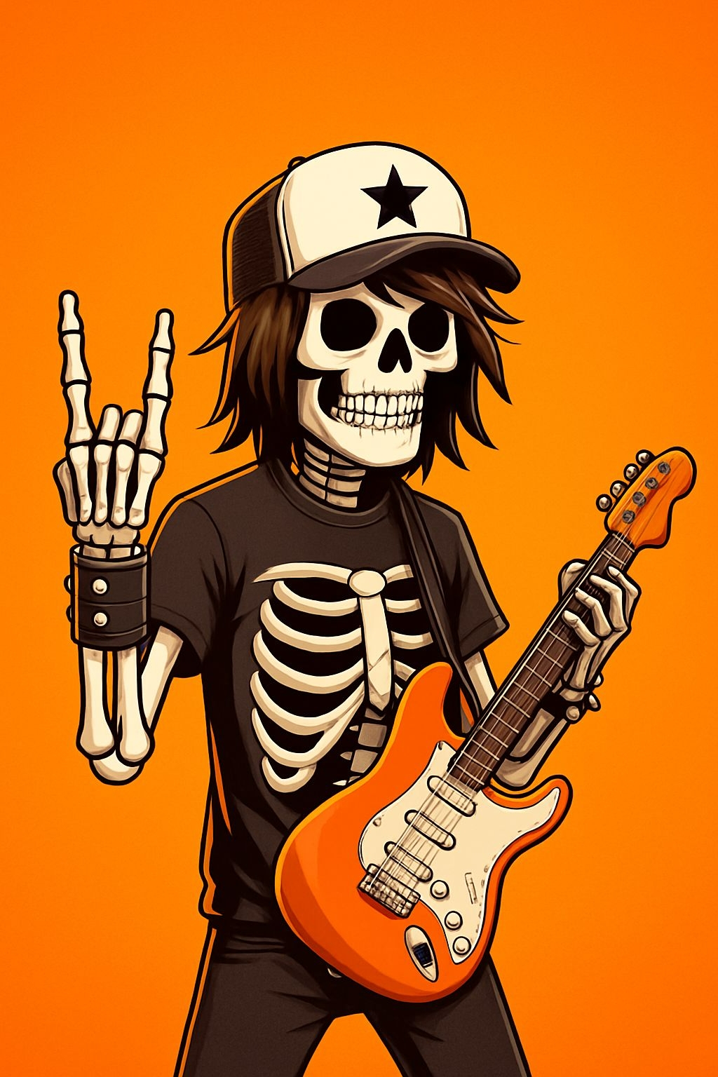 Edgy Cartoon Skeleton Rock Musician Illustration T-Shirt