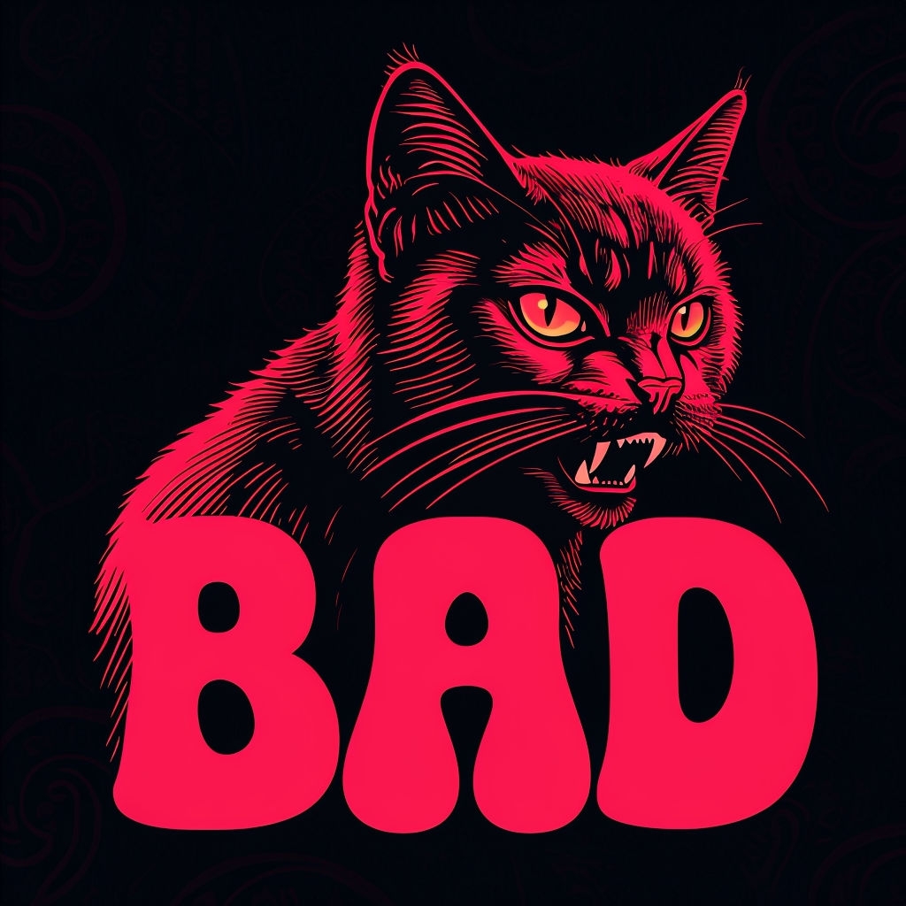 Striking Scarlet Cat Illustration with Bold BAD Typography T-shirt