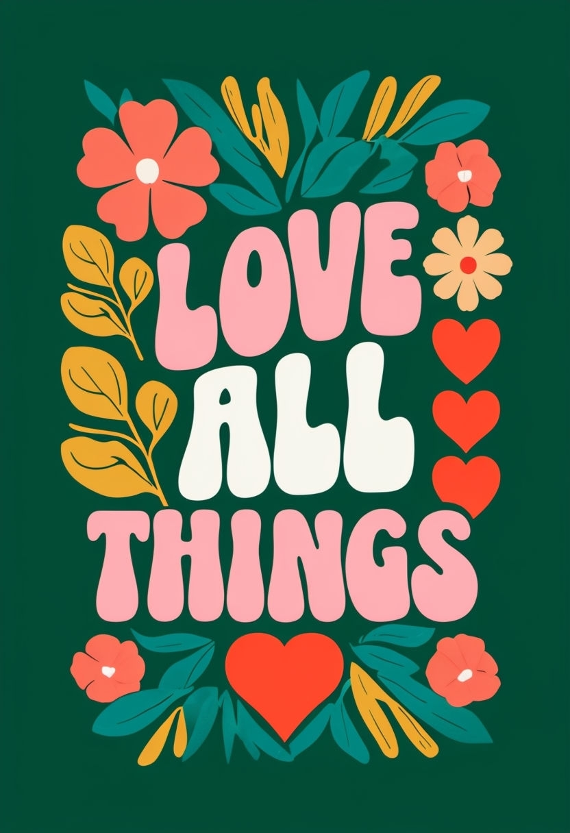 Vibrant Retro 'Love All Things' Floral Illustration Poster