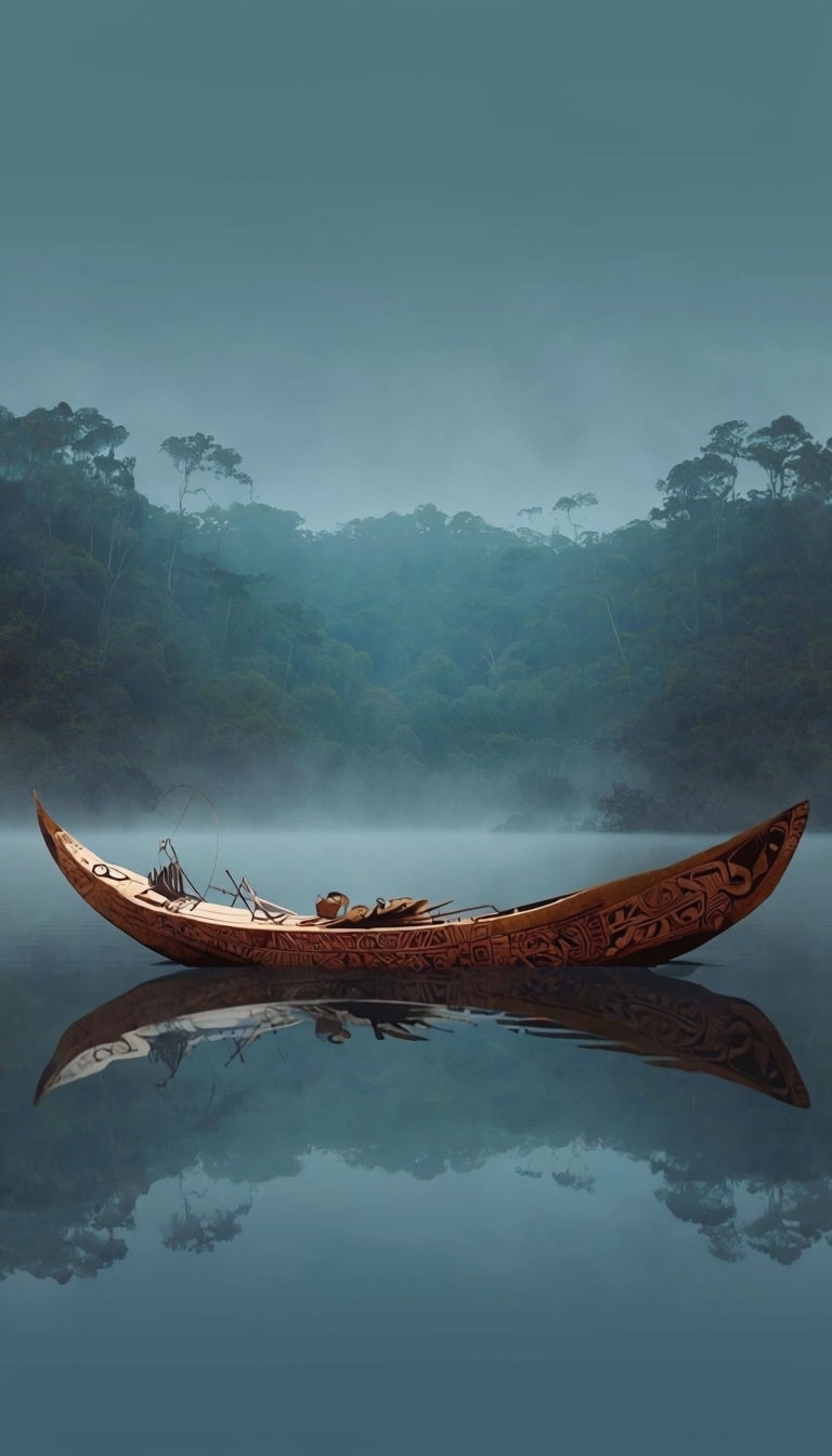 Tranquil Papuan Canoe on Misty Lake Digital Art Mobile Wallpaper