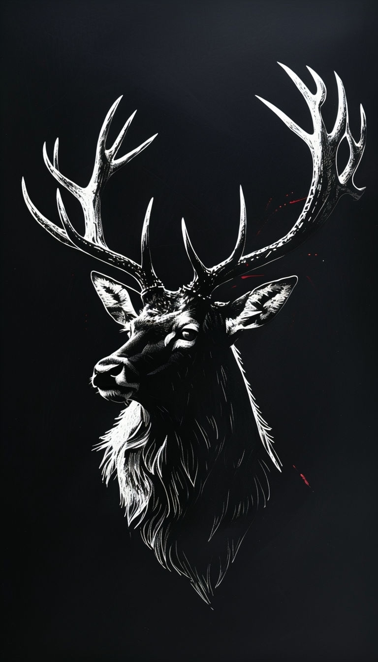 Majestic Stag Silhouette Scratchboard Art with Crimson Accents Mobile Wallpaper