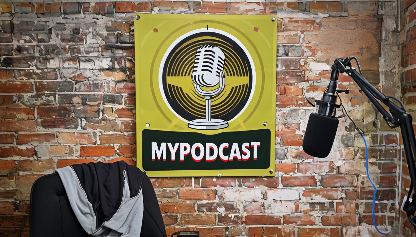 Vintage Podcast Recording Setup with MYPODCAST Sign Art