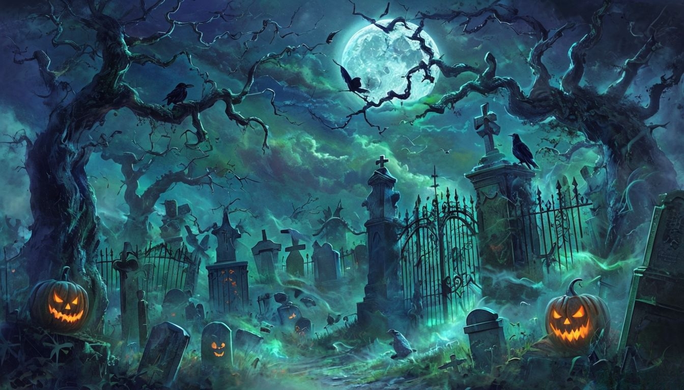 Eerie Halloween Graveyard Scene Under Full Moon Background