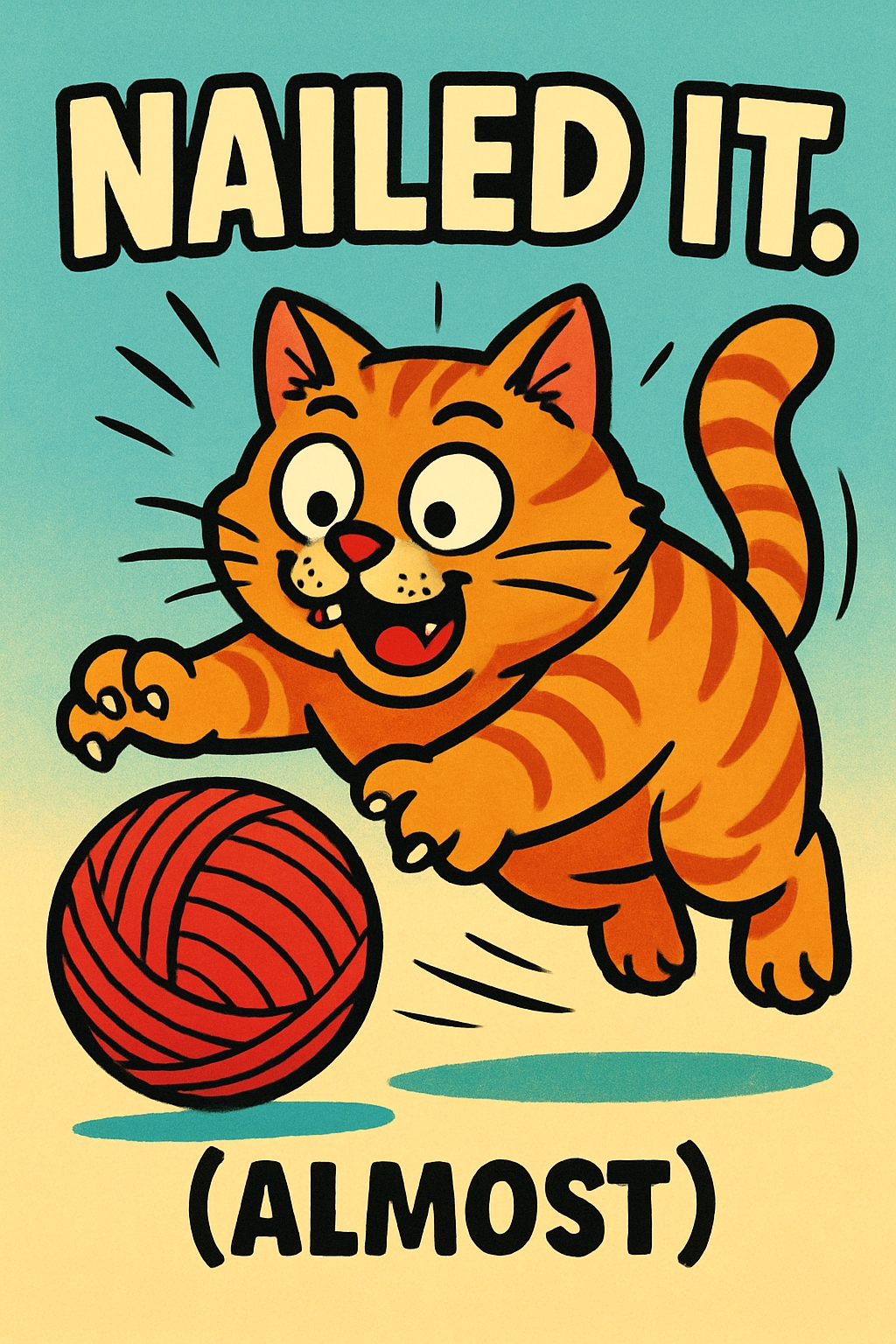 Excited Orange Tabby Cat with Yarn Ball Comic Illustration Memes
