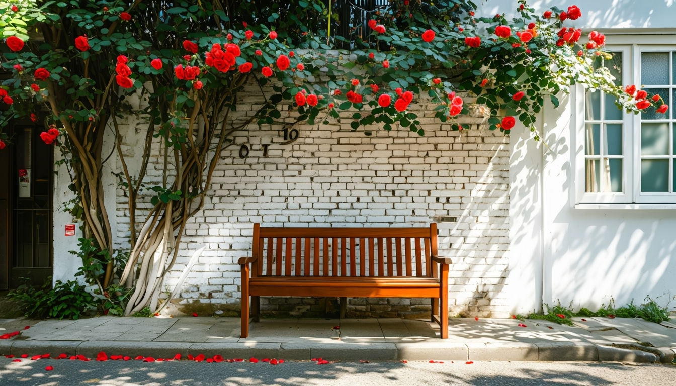 Serene Outdoor Wooden Bench Scene with Red Roses Background