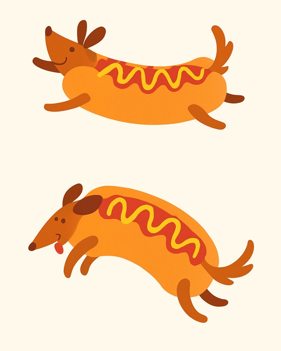 Playful Cartoon Hotdogs with Dog Features Illustration Art
