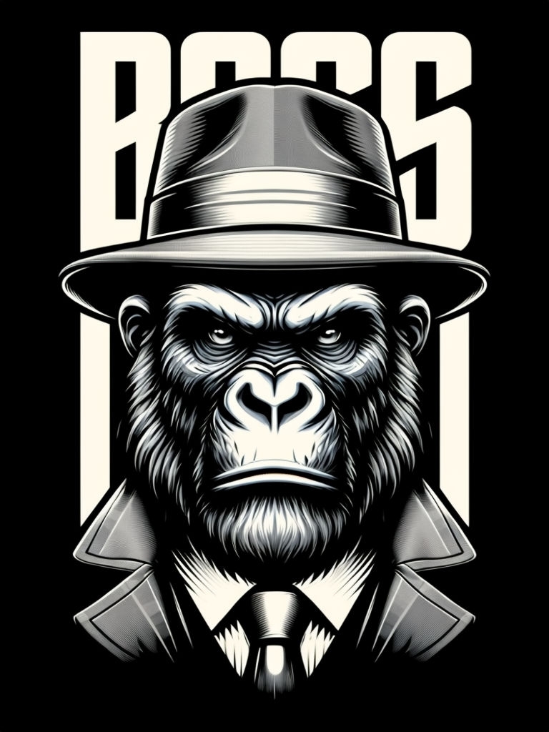 Stylish Gorilla Boss Illustration in Black and White T-Shirt