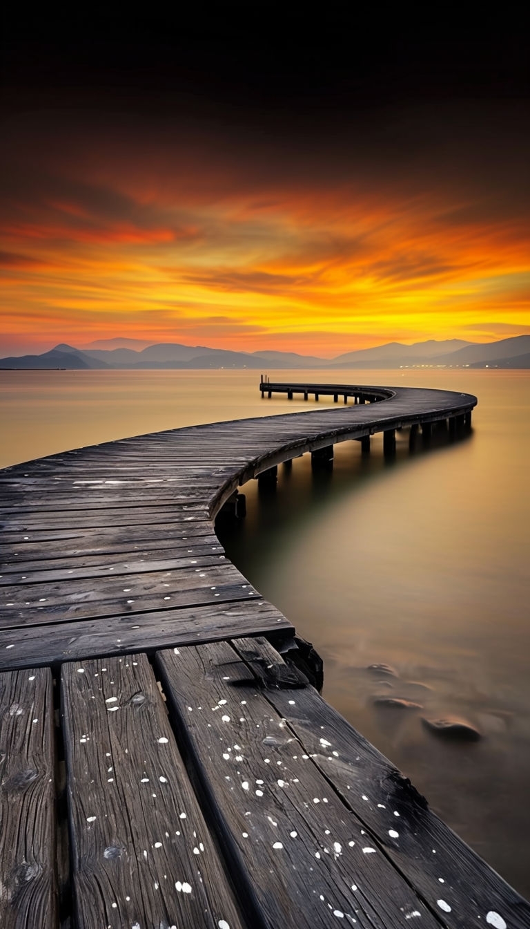 Serene Twilight Landscape with Curved Wooden Pier Mobile Wallpaper