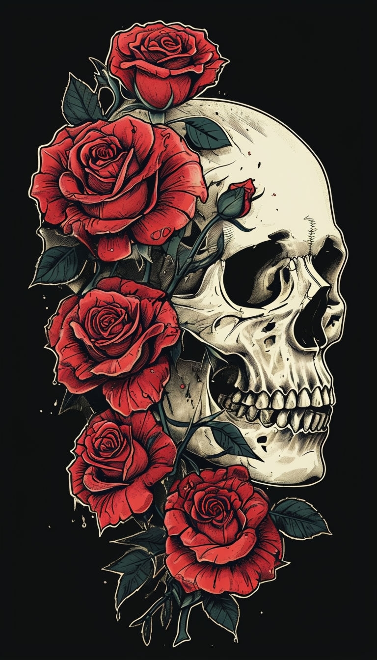 Skull and Roses Vintage Tattoo Style Digital Art Mobile Wallpaper