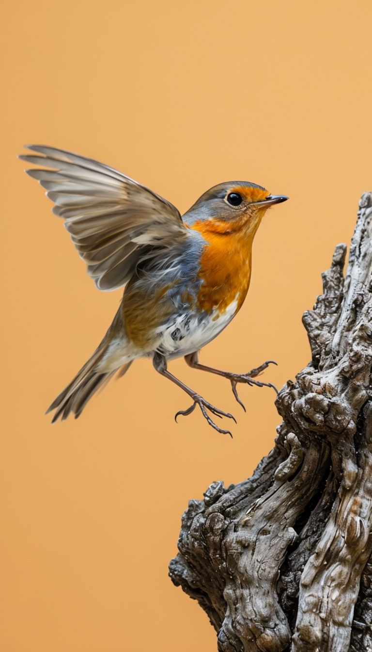 Mid-Air European Robin Landing on Branch Illustration Mobile Wallpaper