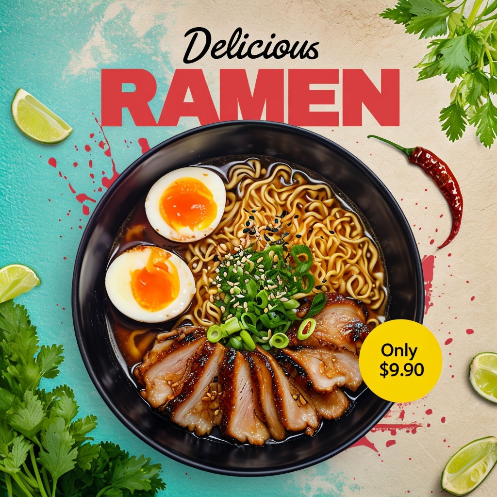 Delicious Ramen Promotion with Vibrant Ingredients Social Media Post