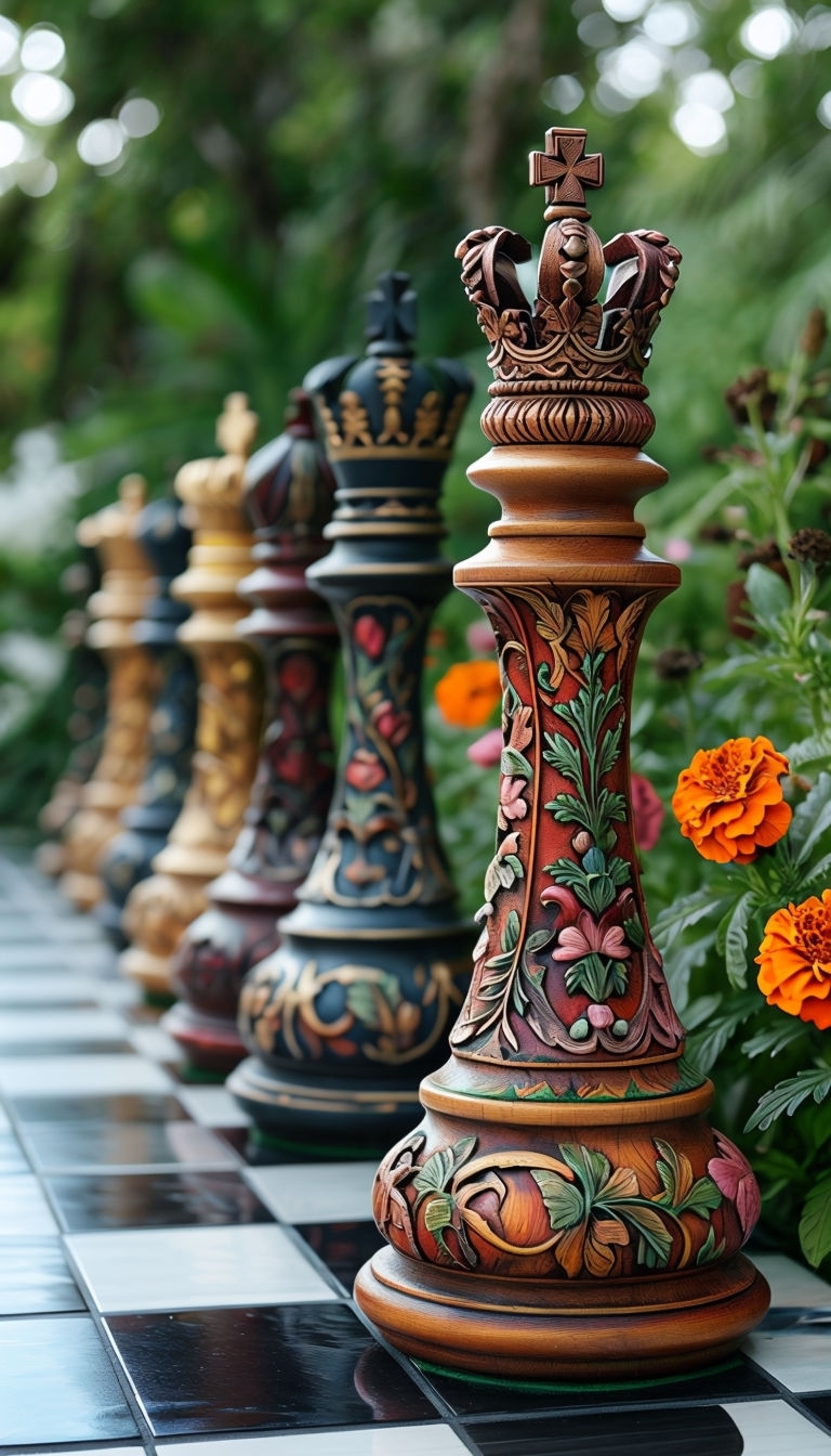 Ornate Carved Chess Pieces in Lush Outdoor Setting Photo // Phone Case Cover