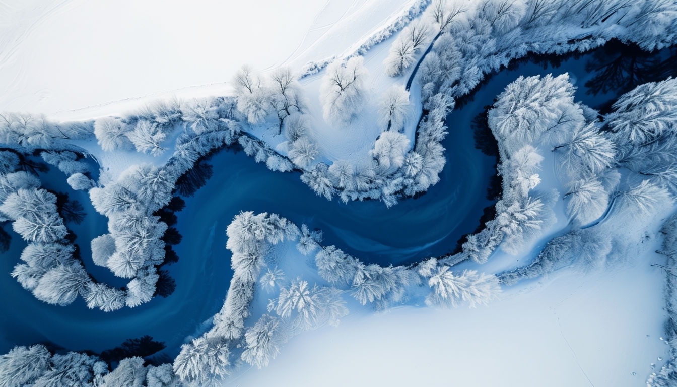 Ethereal Aerial View of a Winding Midnight Blue River Background