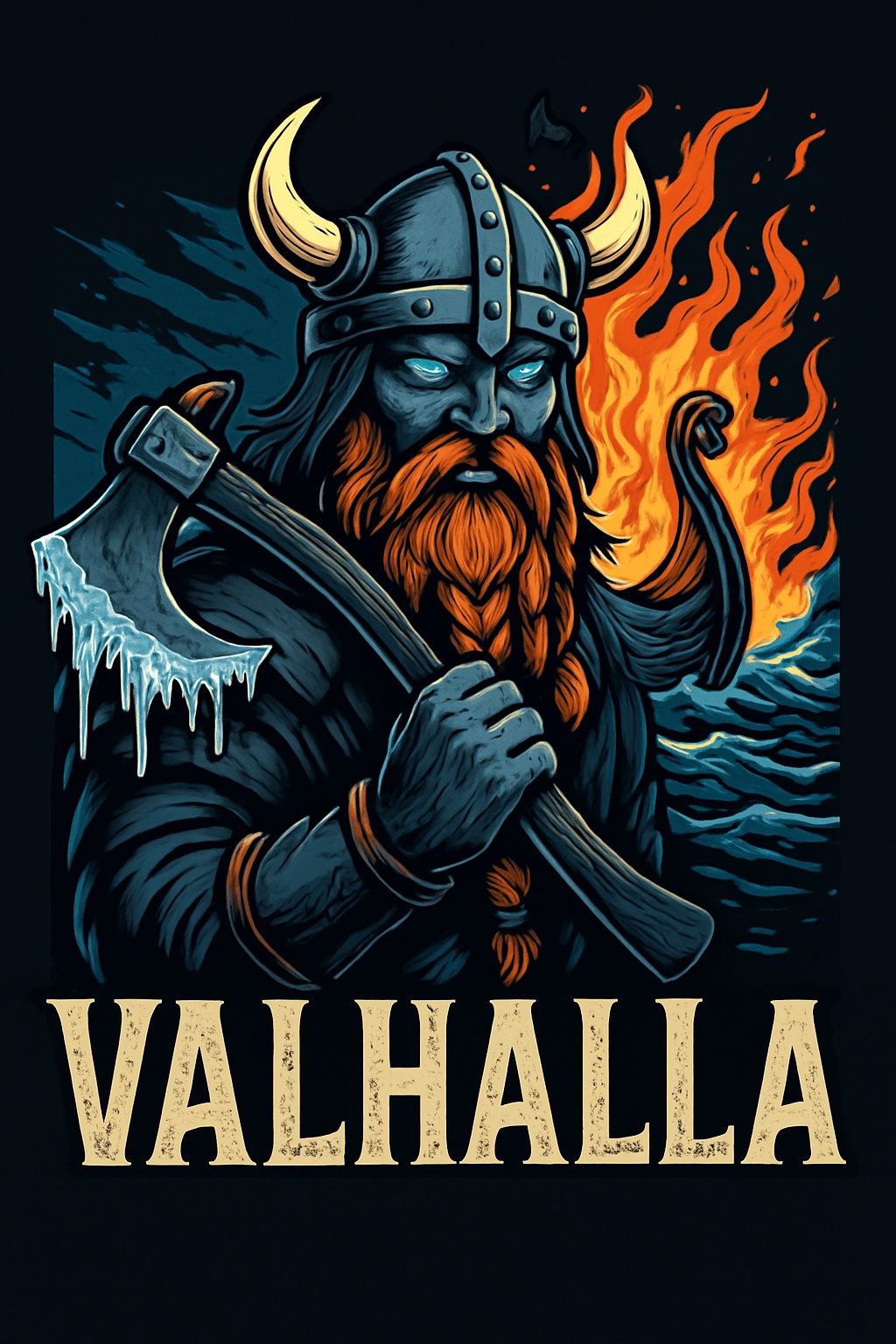 Fierce Viking Warrior with Battle Axe and Flames T-shirt