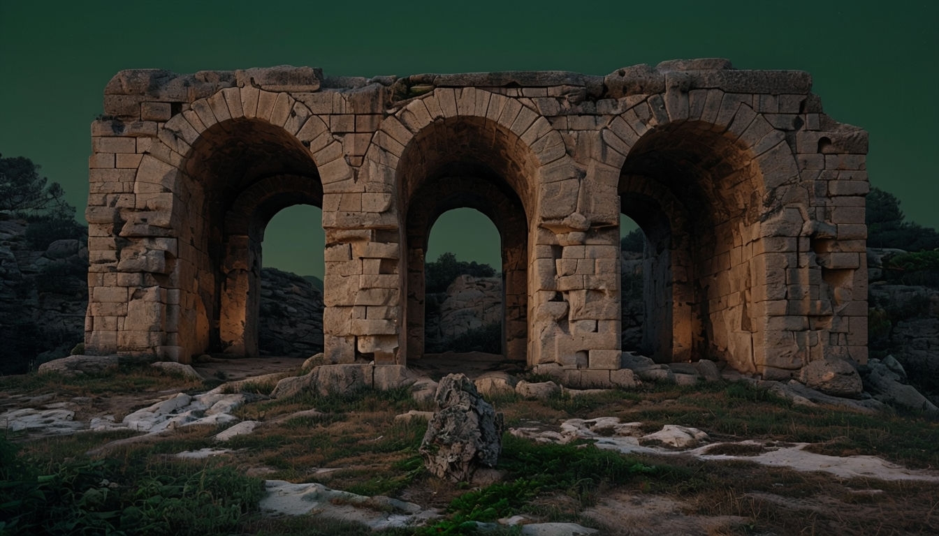 Ancient Stone Arches on Rugged Hill Nighttime Virtual Background