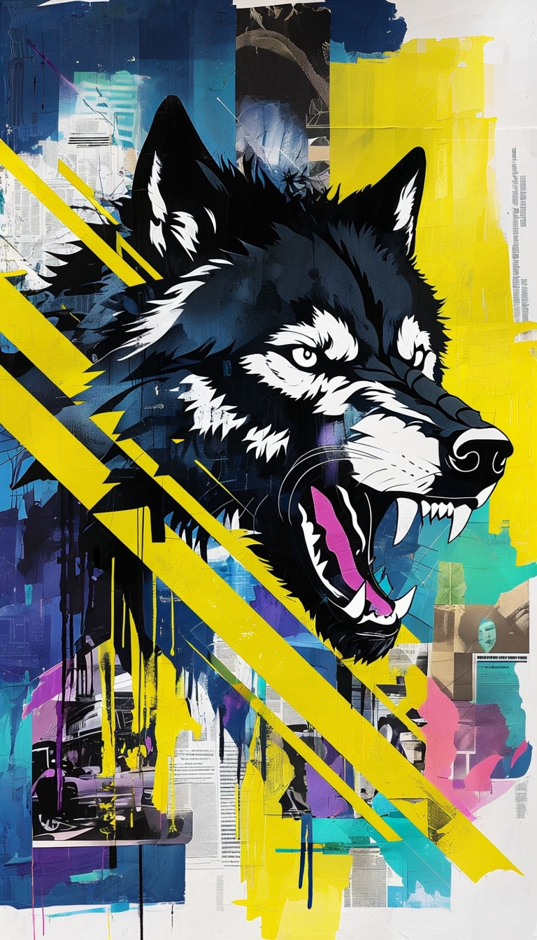 Aggressive Black Wolf Mixed Media Urban Art Canvas