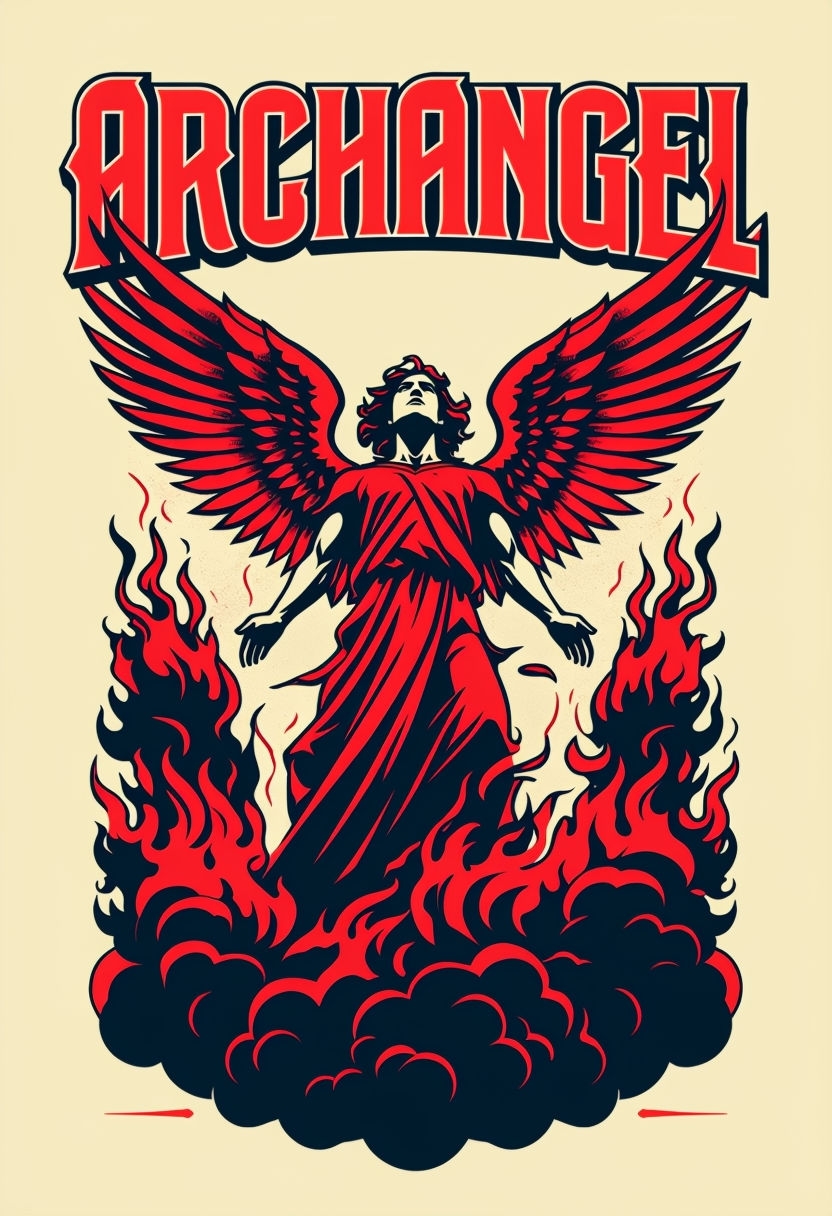 Powerful Archangel Graphic Illustration with Flames Poster