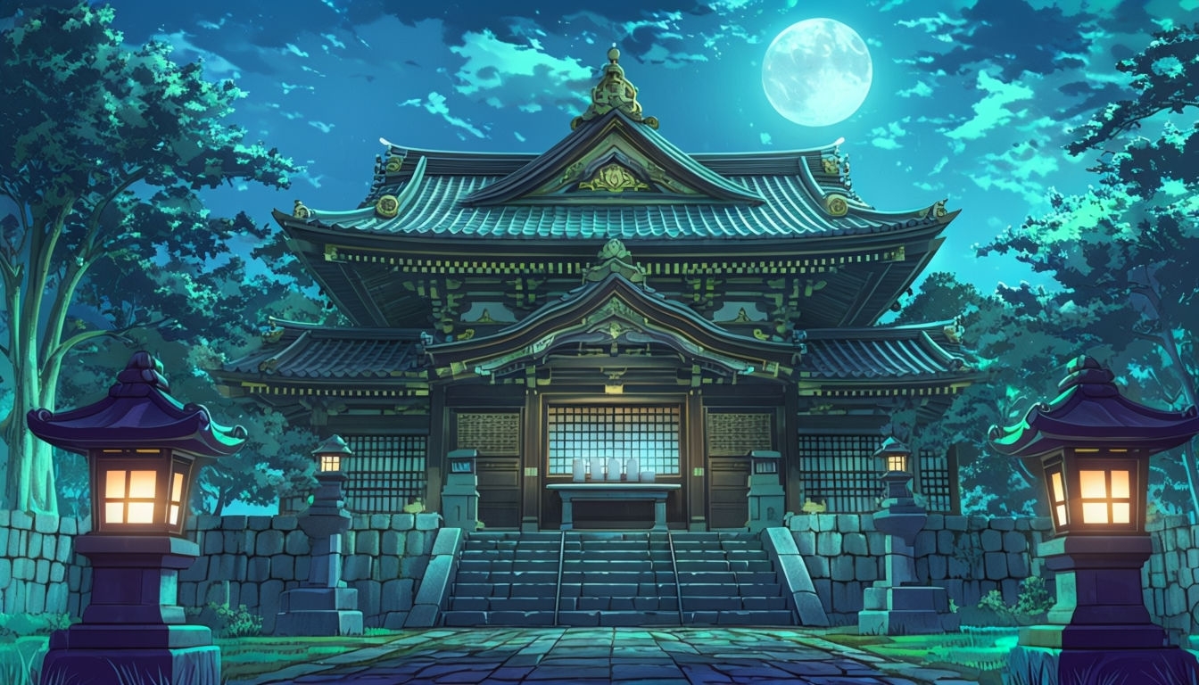 Serene Japanese Shrine at Night Illustration for Virtual Backgrounds
