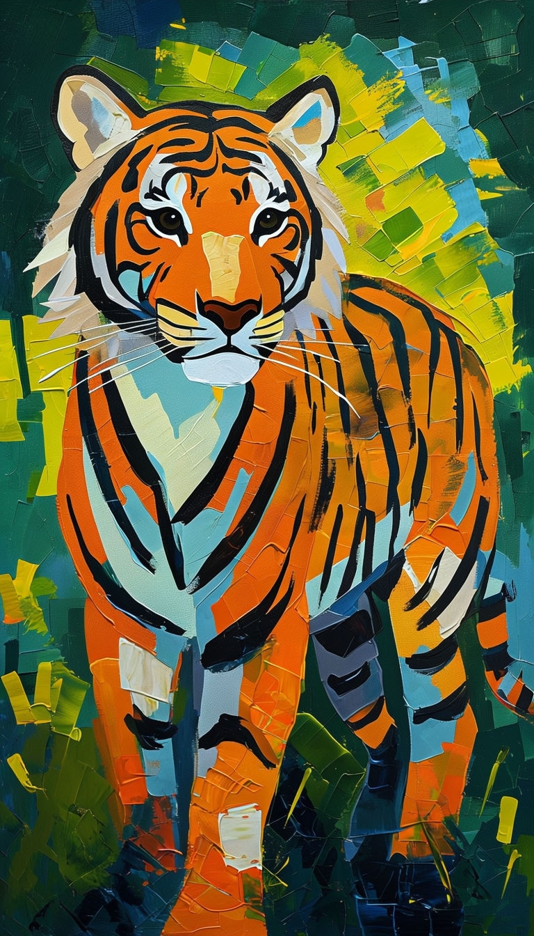 Vibrant Expressionist Tiger Painting with Geometric Shapes Art