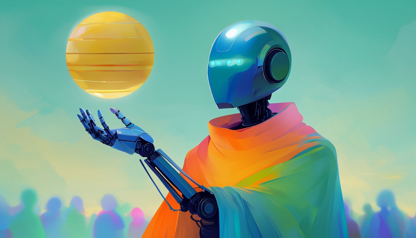 Futuristic Robot with Floating Orb in Vibrant Gradient Art