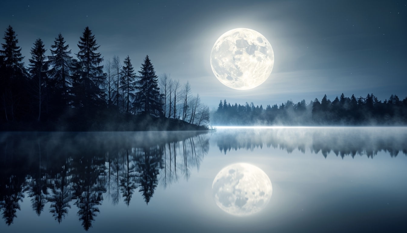 Tranquil Night Lake Reflection with Full Moon Virtual Background