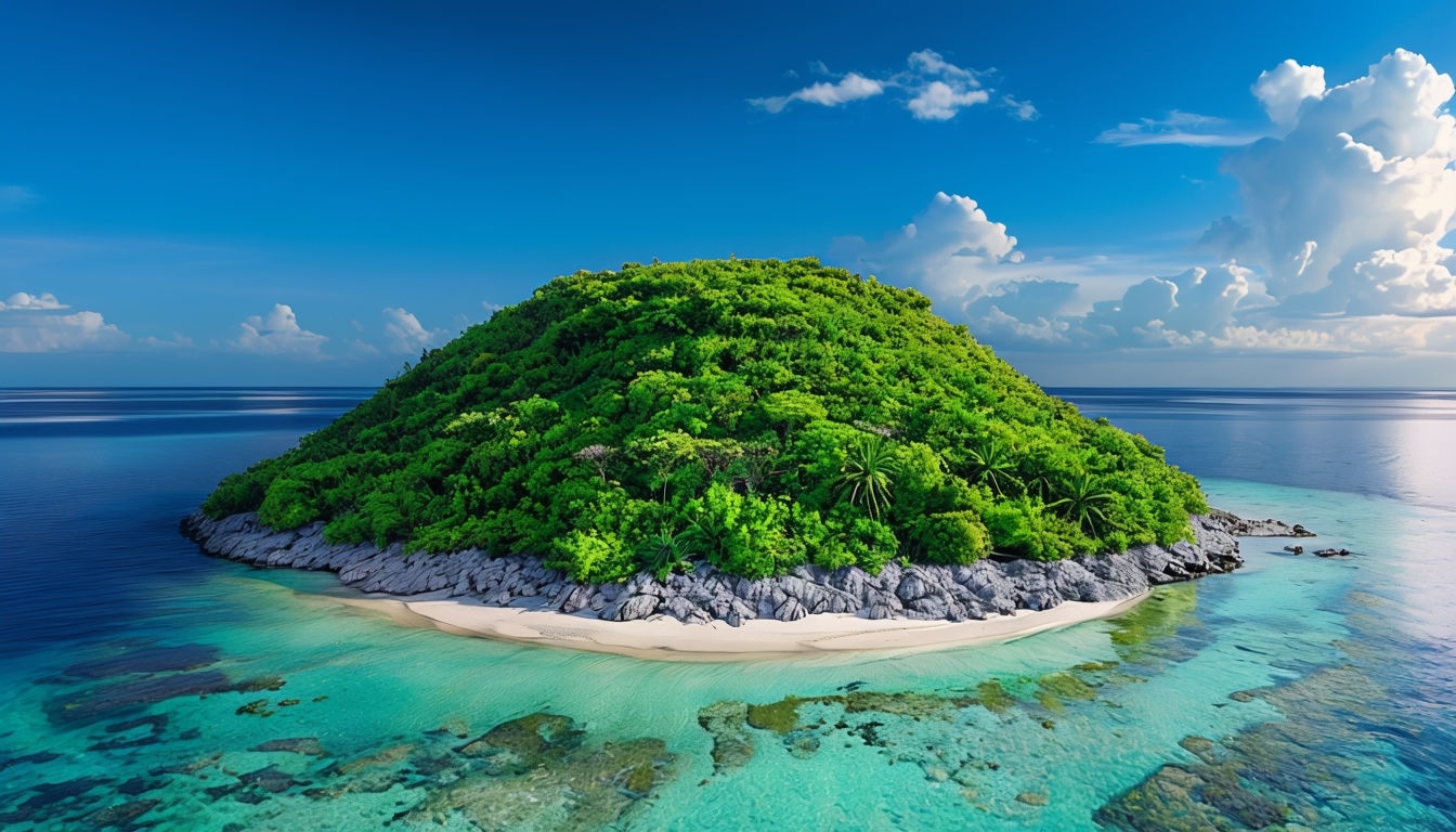 Serene Aerial View of Lush Tropical Island Virtual Background