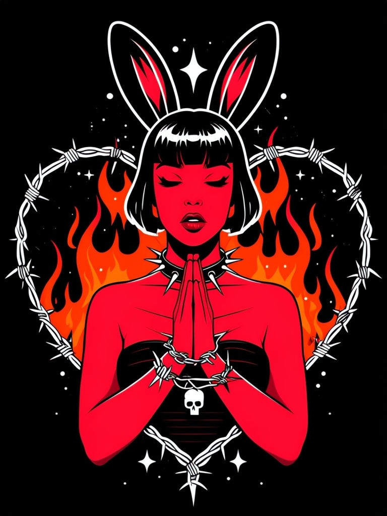 Edgy Gothic Woman with Barbed Wire and Flames T-Shirt