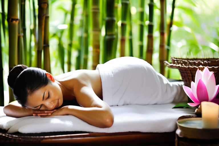 Woman receiving a traditional Thai massage, tranquil expression, comfortable position, masseuse's hands apply gentle pressure, serene backdrop, lush greenery, bamboo, tranquil spa ambiance, lotus flowers, Buddha statues, Thai patterns, headline "Experience the Serenity of Traditional Thai Massage," subheadline "Rejuvenate Your Body and Mind," call to action "Book Your Session Today,"