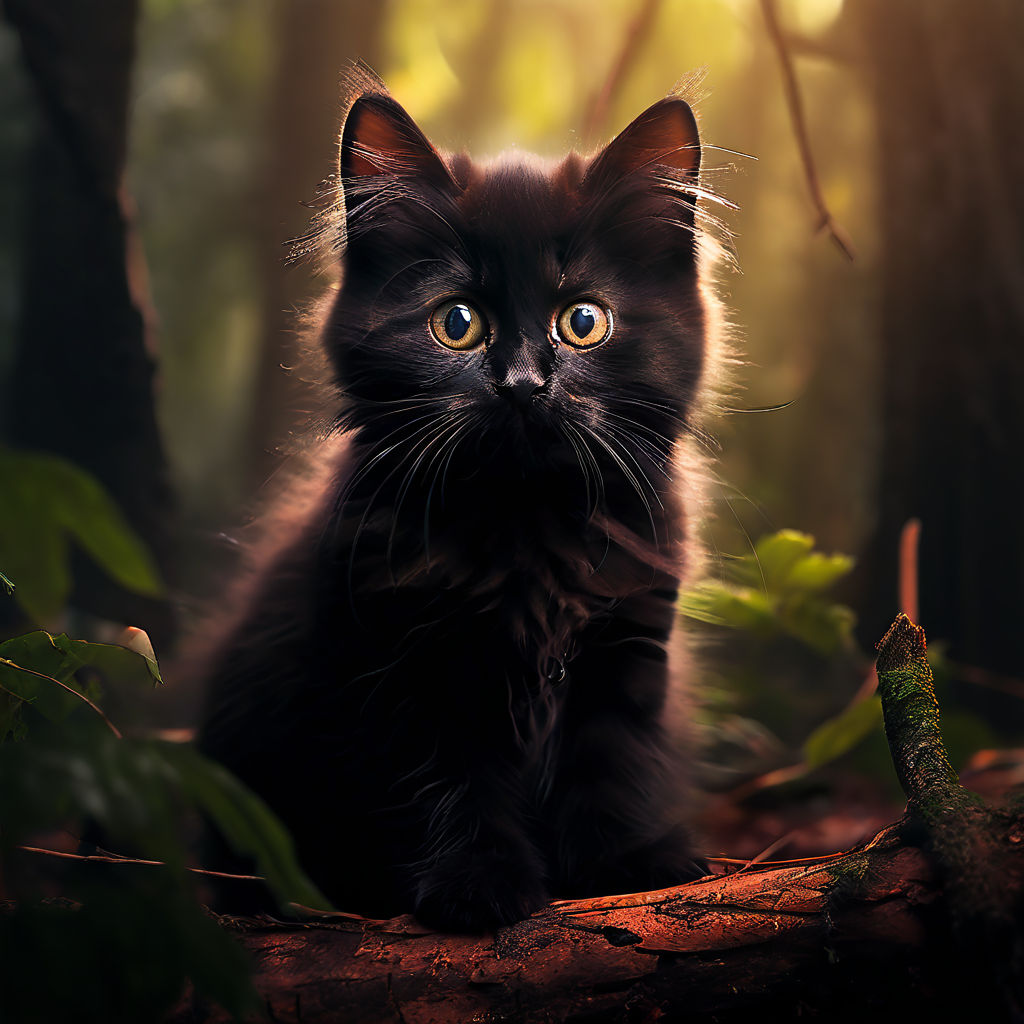 A black cat standing in the woods excited Dense jungle trees 