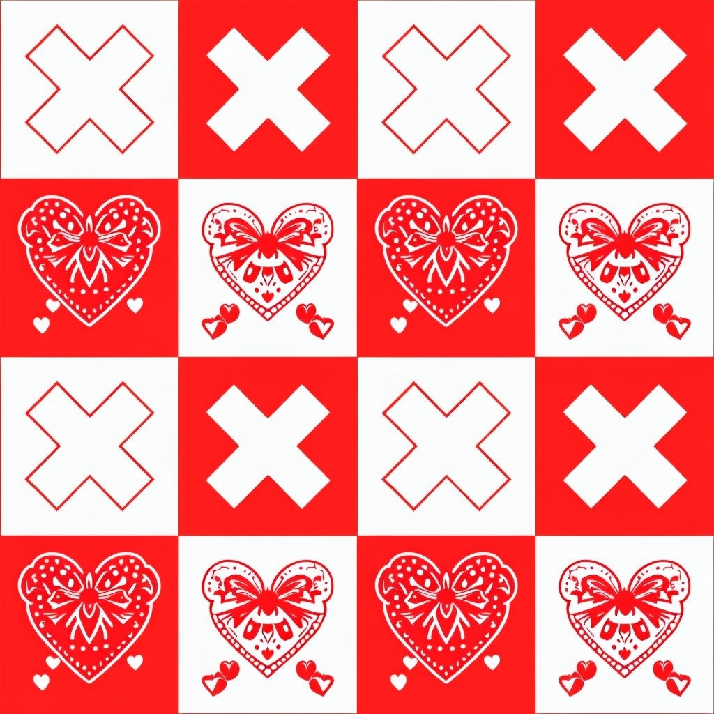 Red and White Checkerboard with Heart and Bow Motifs Pattern