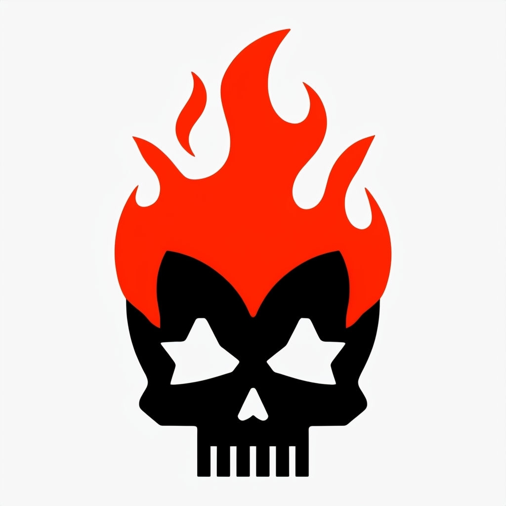 Edgy Black Skull with Star Eyes and Red Flames Sticker