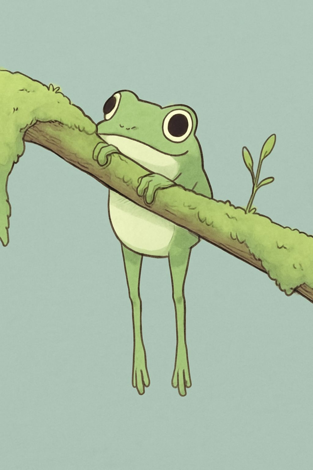 Cute Cartoon Frog Relaxing on Mossy Branch Mobile Wallpaper