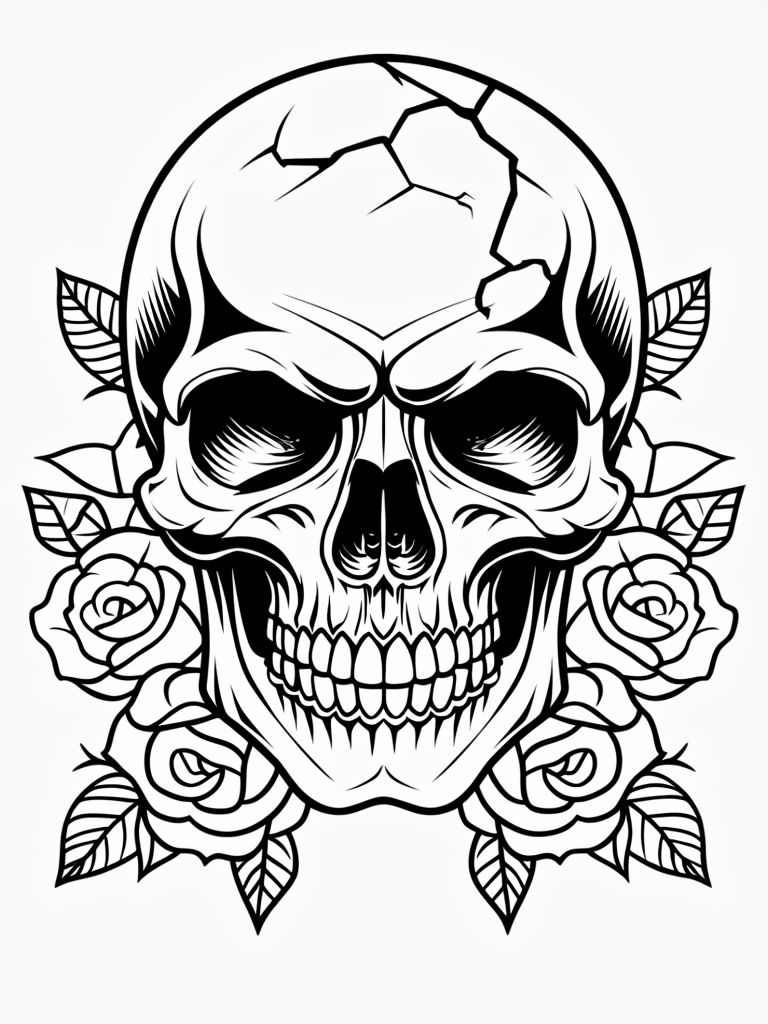 Gothic Skull and Roses Detailed Line Art for Coloring Book Pages