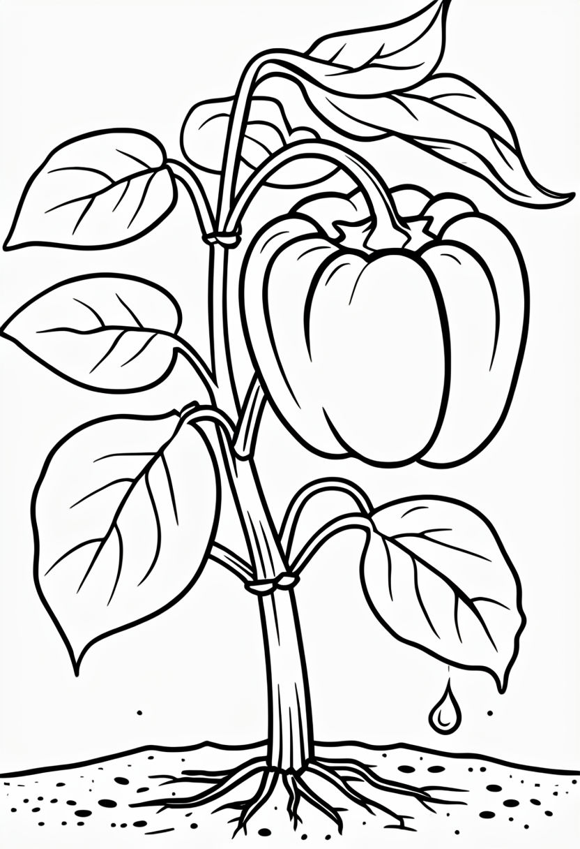Black and White Pepper Plant Line Drawing for Coloring Book Pages
