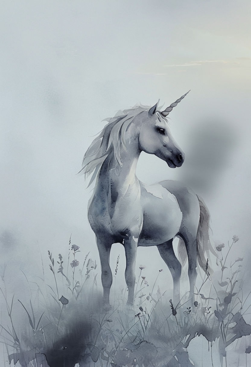 Serene Watercolor Unicorn in Misty Meadow Mobile Wallpaper