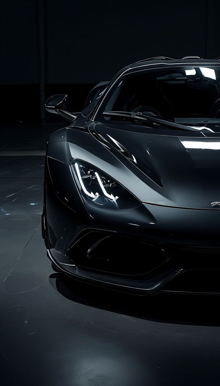 Sleek Black Sports Car Low-Angle Photo with Dramatic Lighting Mobile Wallpaper