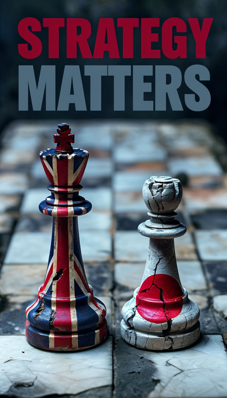 Aged Chess Pawns with UK and Japan Flags on Marble Board Social Media Post